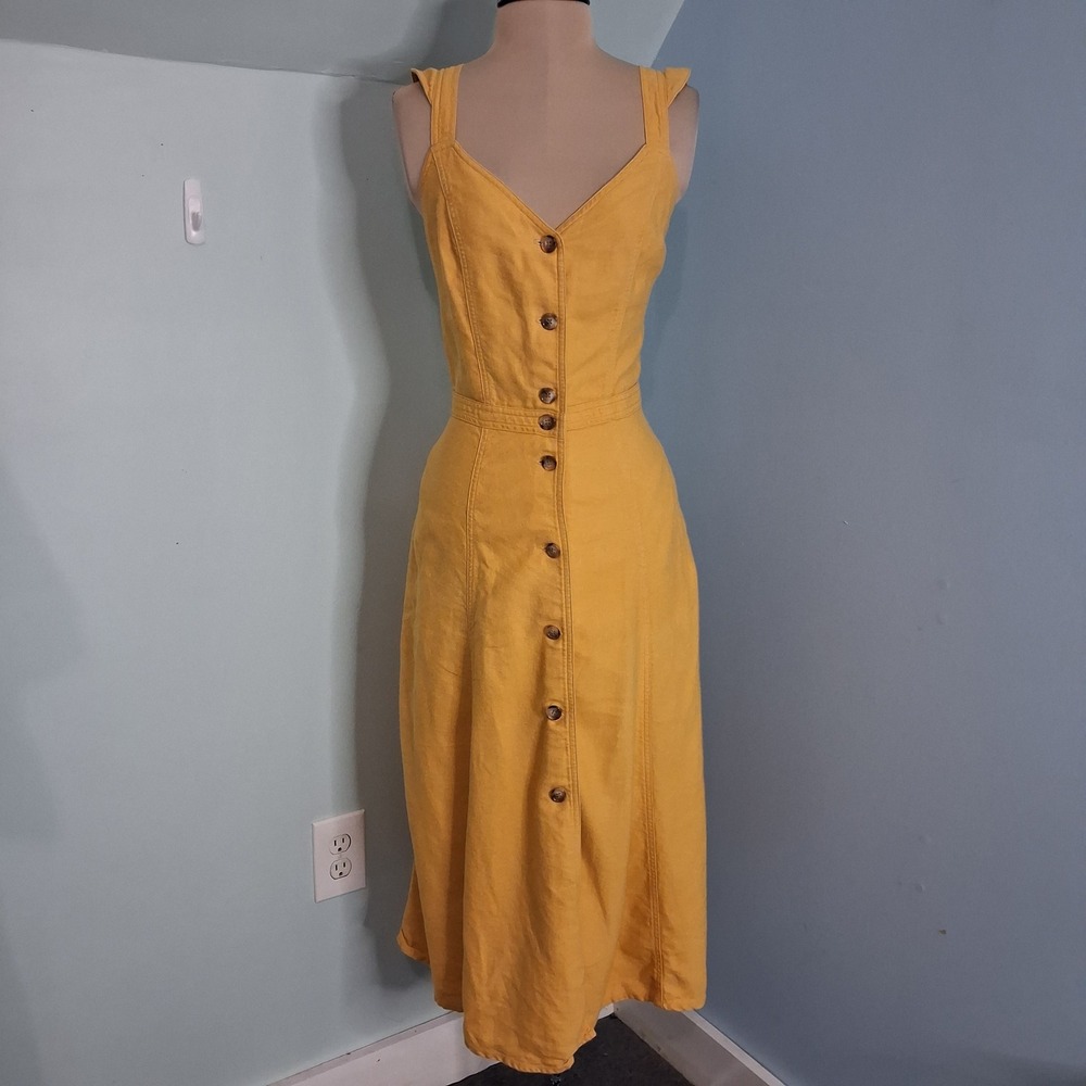 Sessun Dola Mustard Yellow Cotton Linen Button Front Midi Dress Size Medium